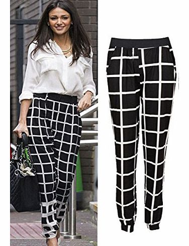 ORIGINMENSWEAR [Black, M-L] WOMENS LADIES CELEBRITY MICHELLE KEEGAN CHECK PATTERNED HAREM PANTS TROUSERS